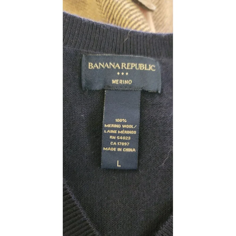 Banana Republic Mens Gray Blue Merino Wool V-Neck‎ Sweater Large